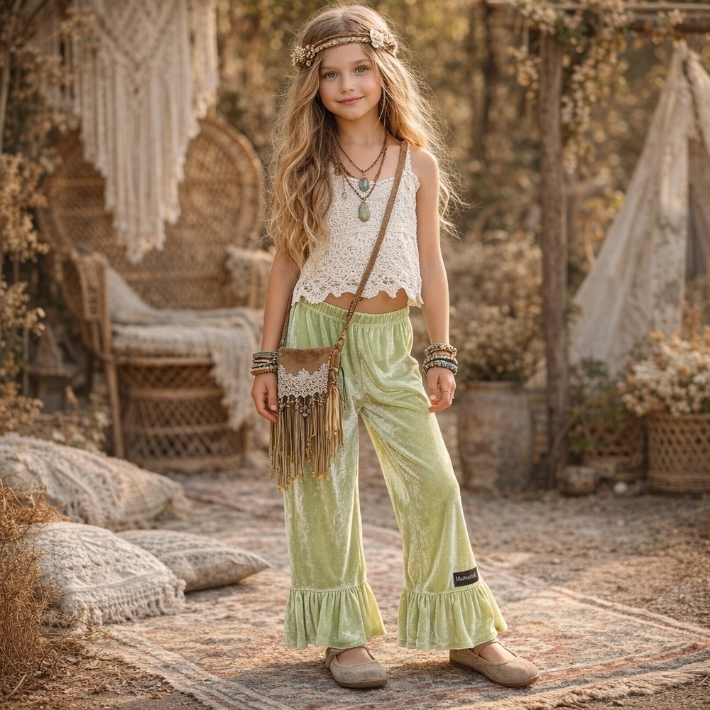 New Matilda Jane Green Velour Boho Wide-Leg Hippie Ruffle Pull-On Pant Girl 10